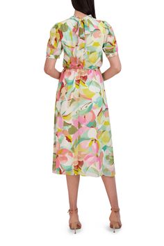 An dynamic print covers this mock-neck midi designed with balloon sleeves and a drop waist Balloon Sleeves, Drop Waist, Mock Neck, Balloons, Midi Dress