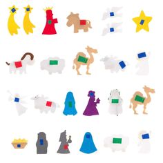 an assortment of paper cut out animals and people in different colors, shapes and sizes