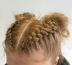 French Braided Space Buns, Plaits Into Bun, Space Buns Volleyball, Dutch Plait Hairstyles, Braid Into Space Buns, Two Braids Into Buns, Colorguard Hair Styles, Braids Into High Bun, Dutch Braid Space Buns