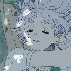 an anime character with white hair and blue eyes is leaning on a tree branch, looking at something