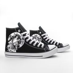 Wolf And Moon Sneakers   Black High Top Shoes With Handmade Print Lightweight construction with breathable mesh fabric provides a comfortable and flawless fit. Horror Shoes, Wolf And Moon, Black High Top Shoes, Wolf Moon, Black High Tops, Wolf Howling, Trendy Sneakers, Custom Sneakers, High Top Shoes