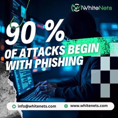 a man is typing on his laptop with the words 90 % off attacks begin with phishing