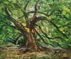 an oil painting of a large tree in the middle of a forest with lots of green leaves