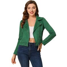 Make a smart casual look with this faux suede moto jacket. This cropped biker jacket is never out of style. The fabric is very soft and perfect thickness for all year round. Feel free to layer over blouse and chunky knit alike. Model is wearing in size XS (Height: 5'7", Chest: 33 inches, Waist: 24 inches, Hip: 36 3/8 inches, Weight: 122 lbs) Casual Fall Blazer With Zipper Closure, Green Long Sleeve Biker Jacket For Spring, Casual Spring Blazer With Zipper Closure, Trendy Long Sleeve Biker Jacket For Work, Trendy Blazer With Zipper Closure For Fall, Trendy Long Sleeve Blazer With Zipper Closure, Spring Biker Jacket With Long Sleeves, Trendy Green Leather Jacket For Fall, Trendy Suede Leather Jacket For Work