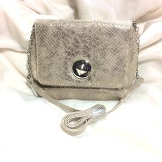 Brand New Never Used. Golden Metallic Faux Snake Skin. With A Silver Twist Latch And Silver Chain. Has A Mesh Zipper Compartment On The Inside. Silver Clutch Bags With Silver-tone Hardware, Silver Crossbody Evening Bag With Chain Strap, Silver Crossbody Evening Bag, Chic Silver Evening Bag With Silver-tone Hardware, Chic Silver Evening Bag With Detachable Strap, Silver Evening Shoulder Bag, Silver Crossbody Shoulder Bag With Magnetic Closure, Silver Evening Clutch With Detachable Strap, Silver Rectangular Bag With Magnetic Closure