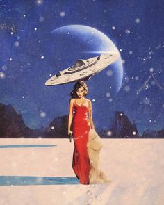 a woman in a red dress carrying a star trek ship on her head and walking across snow covered ground