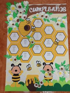 a bulletin board with bees and honeycombs on it