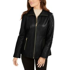 This Anne Klein leather coat is luxe, cool and totally timeless. Size: S.  Color: Black. Elegant Leather Biker Jacket For Spring, Chic Formal Leather Jacket With Zipper, Chic Formal Leather Jacket With Zipper Closure, Elegant Fall Outerwear With Zipper Closure, Elegant Black Outerwear With Zipper Closure, Elegant Long Sleeve Leather Jacket With Zipper, Sleek Formal Biker Jacket For Fall, Sleek Fitted Long Leather Jacket, Sleek Biker Jacket For Formal Fall Occasions