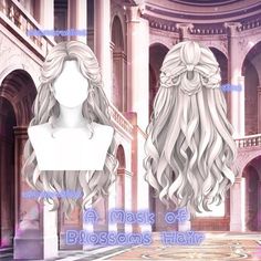 two white wigs with long hair on display in front of an ornate building,