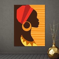 Add an elegant touch to your space with this stunning "African Woman Profile" Canvas Print. The warm hues of orange, yellow, and brown give it an authentic African vibe, making it a standout piece of wall art. This digital print portrays a woman's profile, capturing the beauty and strength of African women. The art is emotionally impactful and will definitely add a statement to your decor. Order now and own a piece of trending African art. Woman Profile, African Pattern Design, African Crafts, Female Profile, African Pattern, Stencil Crafts, Yellow Tones, African Beauty, Orange And Yellow