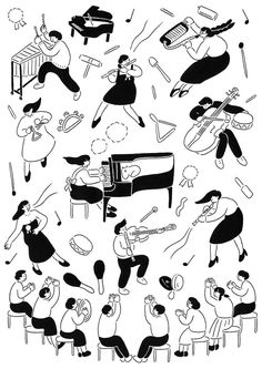 black and white drawing of people playing musical instruments