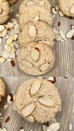 cookies with almonds and nuts are arranged on a table