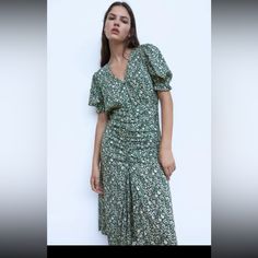 Zara Floral Printed Midi Dress With Drape Detail. Size L. 100% Viscose. Armpit To Armpit 19-20”, Full Waist 29”, Length 49” Short Sleeve Viscose Midi Dress With Floral Print, Floral Print Short Sleeve Midi Dress In Viscose, Zara Ruched Maxi Dress, Elegant Green Printed Dresses, Spring Viscose Dress By Zara, Zara Viscose Spring Dress, Spring Zara Viscose Dresses, Spring Zara Dresses In Viscose, Elegant Green Floral Dress With Short Sleeves