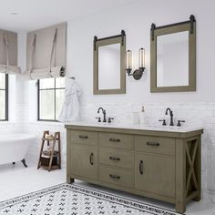 a bathroom with two sinks and a bathtub