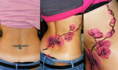 two women with tattoos on their stomachs and one has pink flowers on the side