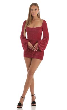 Dark Red Hoco Dress, Long Sleeve Corset Dress, Red Hoco Dress, Red Hoco, Long Sleeve Corset, Hoco Dresses Long Sleeve, Cute Homecoming Dresses, Lucy In The Sky, Glitter Fabric