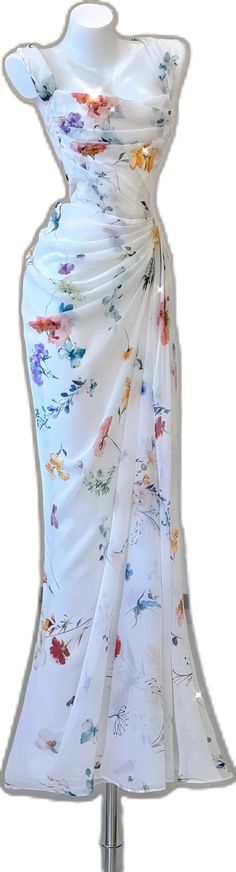 Elegant Multicolor Floral Dress For Summer, Feminine Long Skirt Maxi Dress For Summer, White Chiffon Midi Dress For Spring, Flowy Skirt Dress For Wedding Guest, White Floor-length Midi Dress For Spring, Spring Evening Floral Dress, Spring Wedding Dress With Floral Design, Long Floral Dress For Spring Evening, Spring Wedding Dresses With Floral Print