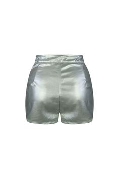 High waisted silver metallic PU shorts Fly button closure Runs true to size Chic Spring Bottoms With Sheen, Chic Sheen Bottoms For Spring, Chic Spring Sheen Bottoms, Chic Party Bottoms With Sheen, Solid Fitted Shorts For Party, Solid Color Fitted Shorts For Party, Solid Shiny Bottoms For Party, Shiny Solid Color Bottoms For Party, Shiny Solid Color Party Bottoms