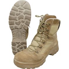 Why spend hundreds of dollars on commercial grade boots again when you can find a used option that are up to the task, no matter the conditions. These original issue tropical variant combat boots are a great substitution to pricey knockoffs. They were distributed to German forces serving in Afghanistan. These boots are genuine German military issued boots made from a durable construction of khaki GORE-TEX material with slip-resistant HAIX soles, reinforced heel, and featuring a unique six eyelet Combat Lace-up Boots With Steel Toe, Combat High-top Leather Desert Boots, Combat Lace-up Desert Boots With Reinforced Toe, Combat Desert Boots With Reinforced Toe, Combat Boots With Vibram Sole And Round Toe, Combat Desert Boots With Round Toe For Hiking, Combat Desert Boots With Steel Toe, Round Toe Combat Desert Boots For Hiking, Combat Boots With Reinforced Toe