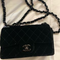 Chanel Black Velvet Mini Can Also Be Doubled On Shoulder - New With Original Tags! Comes With Card And Dustbag! No Box Only Looking Wear Is On Velvet In The Light Normal For Velvet But Fabulous Overall Corners Are Pristine Interior Is Clean!! Chanel Bag Velvet, Chanel Velvet Bag, Chanel Caviar Bag, Chanel Makeup Bag, Vintage Chanel Bag, Chanel Crossbody, Chanel Jumbo, Chanel Chain, Leather Camera Bag