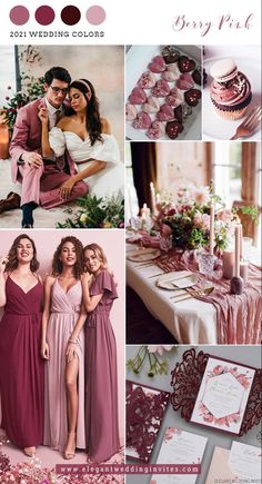 wedding color palettes for the bride and groom in shades of pink, red, purple