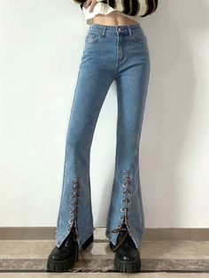 Washed Eyelet Lace Up Flare Jeans - AnotherChill Casual Cotton Flared Hem Jeans, Casual Cotton Jeans With Flared Hem, Trendy Summer Jeans With Flared Hem, Casual Flared Hem Cotton Jeans, Trendy Flared Hem Jeans For Summer, Casual Flared Hem Jeans For Summer, Casual Summer Jeans With Flared Hem, Casual Stretch Jeans With Flared Hem, Casual Non-stretch Flare Jeans With Flared Hem