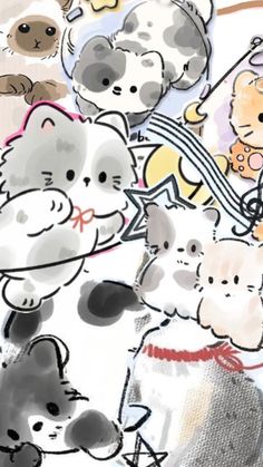 an image of many cats and dogs on a white background with watercolor paint effect