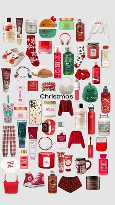 a collage of christmas themed items in red, white and green