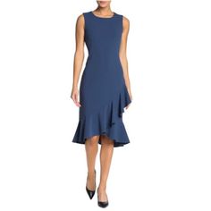 Elevate A Classic Sleeveless Dress With A Ruffle Tiered Hem For A Feminine Style. - Jewel Neckline - Sleeveless - Back Hidden Zipper Closure - Ruffle Hem - Solid - Unlined Ruffled Sleeveless Dress For Workwear, Elegant Blue Ruffled Sleeveless Dress, Elegant Blue Sleeveless Dress With Ruffles, Sleeveless Ruffle Hem Office Dress, Blue Sleeveless Midi Dress With Ruffles, Sleeveless Work Dress With Ruffle Hem, Blue Ruffled Midi Sleeveless Dress, Blue Knee-length Ruffled Sleeveless Dress, Blue Midi Sleeveless Dress With Ruffles