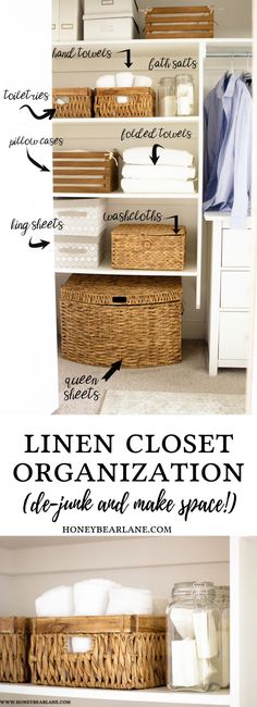 an organized closet with baskets, linens and other items labeled in the words linen closet organization