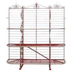 a red metal shelf with two shelves on it