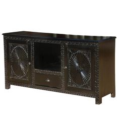 an ornately decorated sideboard with fan design on the front and sides, in dark wood