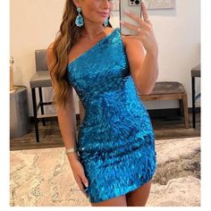 Berlinova Blue Sparkly Homecoming Dress One Shoulder Never Worn Size 8 One Shoulder Sparkle Dress, Navy Blue Hoco Dress Short One Shoulder, Glamorous One-shoulder Mini Dress For Homecoming, Blue Formal Dress Short, Blue One-shoulder Mini Dress For Prom, One-shoulder Sequin Homecoming Dress, Flirty One-shoulder Blue Mini Dress, Formal Dress Short, Royal Blue Formal Dress