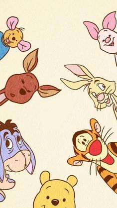 winnie the pooh and friends wallpaper with various cartoon characters on it's face