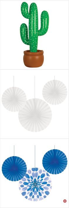 three different types of paper umbrellas in the shape of cactuses and leaves on white background