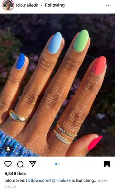 Summer Color Nails, Diy Summer Nails, Nude Baddie Nails, Multicoloured Nails, Different Color Nails, Multicolored Nails, Nail Color Combos, Fun Nail Colors, Solid Color Nails