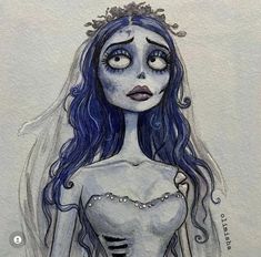 a drawing of a woman with blue hair wearing a veil and tiara on her head