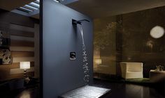 an open shower head in a bathroom with wood flooring and walls painted dark blue