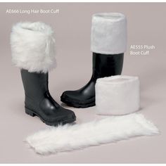 two pairs of black and white boots with fur lined around the bottom, one pair is closed