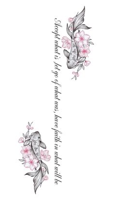 two koi fish with pink flowers on their tails and the words i love you in cursive writing