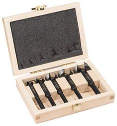 an open wooden box with six black and white screwdrivers in it on a white background