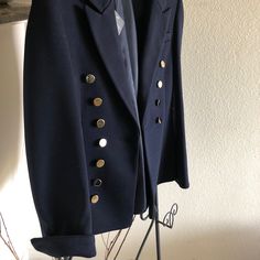 Never Worn, Women's Dark Navy Blue Double Breast Multi-Panel Jacket, Spilt Cuffs, Beautiful Panel Lining Also Beautifully Tailored Split Back Panel Lining. Extra Buttons Inc, Brand New, Faux Front Pocket, Original Tag Attached! Fitted Peacoat With Button Cuffs For Formal Occasions, Formal Fitted Peacoat With Button Cuffs, Winter Blazer With Epaulettes Long Sleeve, Navy Blazer With Button Cuffs For Winter, Winter Workwear Outerwear With Epaulettes, Fall Blazer With Epaulettes And Long Sleeves, Formal Fitted Blazer With Epaulettes, Winter Formal Blazer With Epaulettes, Classic Formal Outerwear With Epaulettes