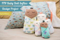 three stuffed dolls sitting next to each other on a bed with pillows and blankets in the background