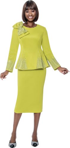 Terramina 7108 Lime Skirt Suit Elegant Stretch Sets For Winter, Fitted Green Sets For Fall, Fitted Two-piece Set With Long Sleeves, Green Fitted Sets, Scuba Skirt, Embellished Skirt, Denim Maxi Dress, Bell Sleeve Dress, Plus Size Skirts