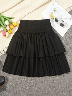 Teenage Girls' Black Double-Layered Short Skirt With Waist Tie, Spring/Summer Black Casual   Knitted Fabric Plain Layered/Tiered Slight Stretch  Teen Girls Clothing, size features are:Bust: ,Length: ,Sleeve Length: Summer Mini Skirt, Short Pollera, Concert Fit, Girls Skirts, Black Skort, Concert Fits, Girls Prints, Cute Summer Outfits