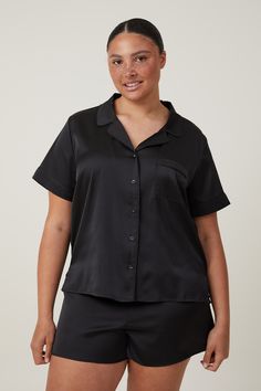 SATIN SHORT SLEEVE SHIRT Black Short Sleeve Shirt For Loungewear, Casual Black Short Sleeve Shirt, Short Sleeve Shirt For Loungewear, Black Relaxed Fit Shirt For Daywear, Satin Short Sleeve Shirt, Satin Short Sleeve, Women Sleepwear, Satin Short, Blouse Jeans