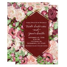 a wedding card with pink and red flowers on the front, in maroon foil lettering