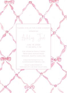 a baby shower is shown with pink bows on the front and back of the card