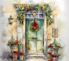 a watercolor painting of a green door with wreaths and presents