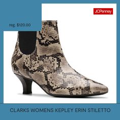 Dressing up date nights and days in the office, ankle boot Clarks collection Kepley Erin arrives with a pointed toe for a sleek look. Soft cushioning balances dressy aesthetics with ultimate underfoot comfort, while a flexible outsole keeps up with whatever's on your daily agenda. And with striking snake-effect uppers, this pair is your go-to for bold, new-season style. Premium black leather and suede upperStretch panelling for easy on/off5mm ultimate comfort pu foam footbed offers all-day cush… Dressy Aesthetics, Up Date, Daily Agenda, Boots Dress, Dress Boots, Clarks Women's, Day For Night, Sleek Look, Dress And Heels